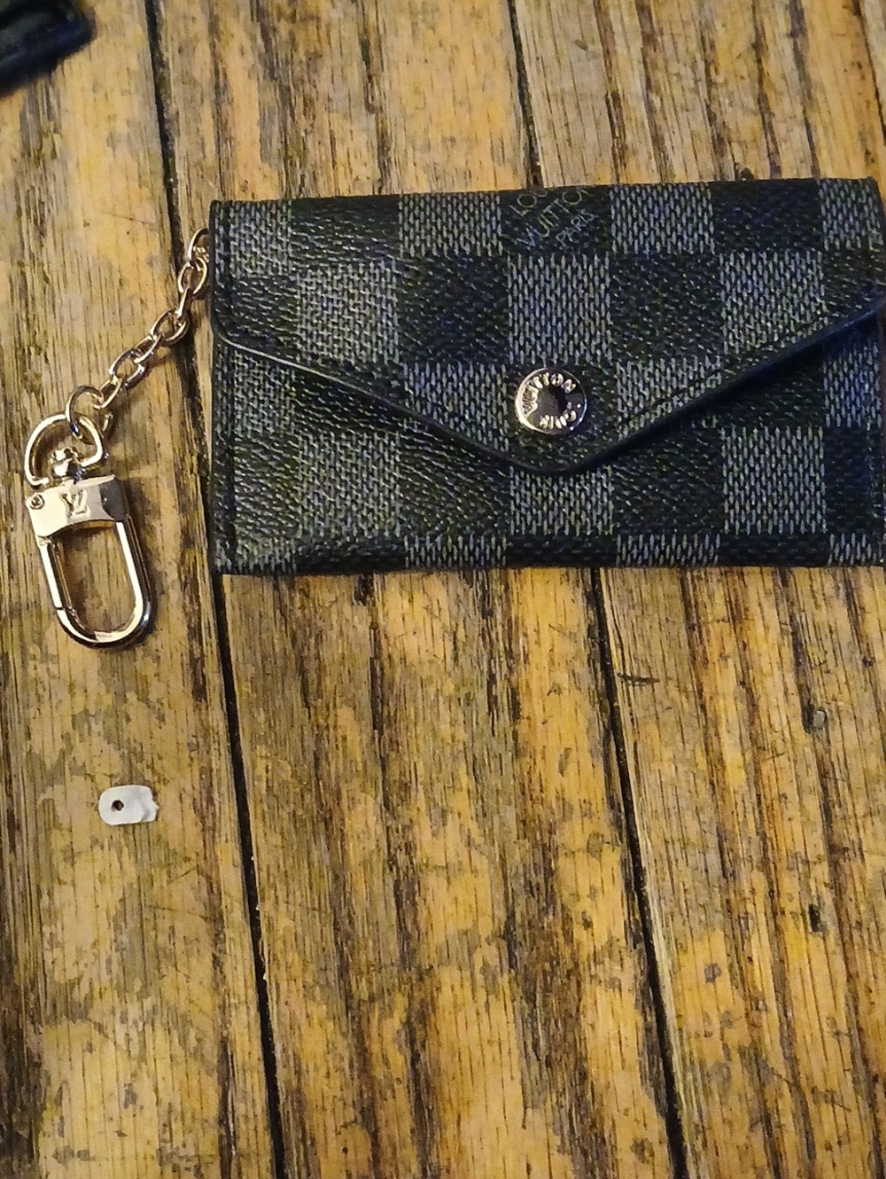 Designer-Inspired Black Checkered Key Wallet with Gold Hardware